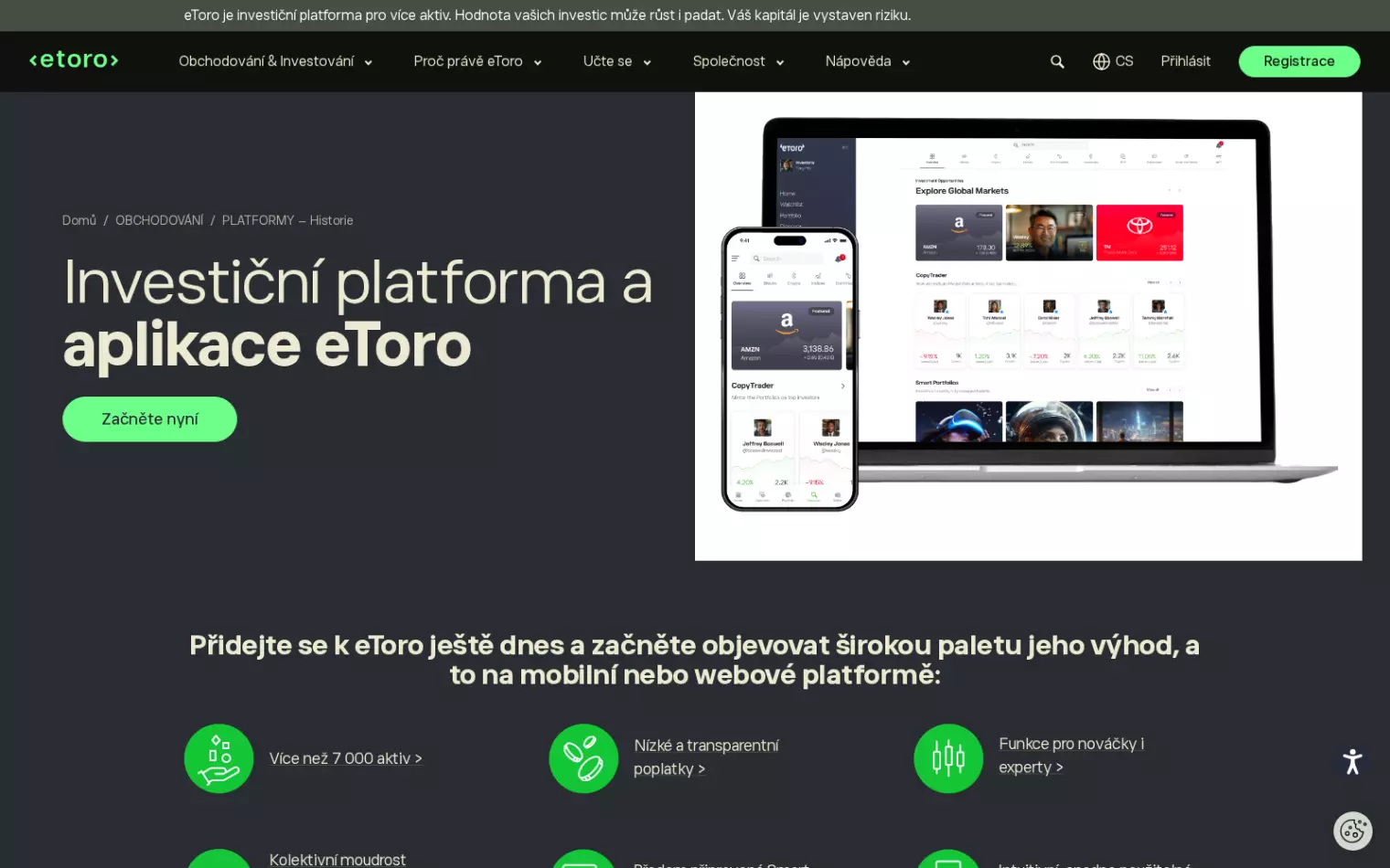 Investiční platforma a aplikace eToro – webové a mobilní rozhraní s grafy a portfoliem