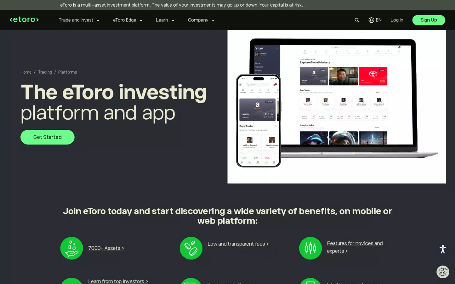 The eToro investing platform and app – web and mobile trading interface with charts and portfolio The eToro investing platform and app – web and mobile trading interface with charts and portfolio