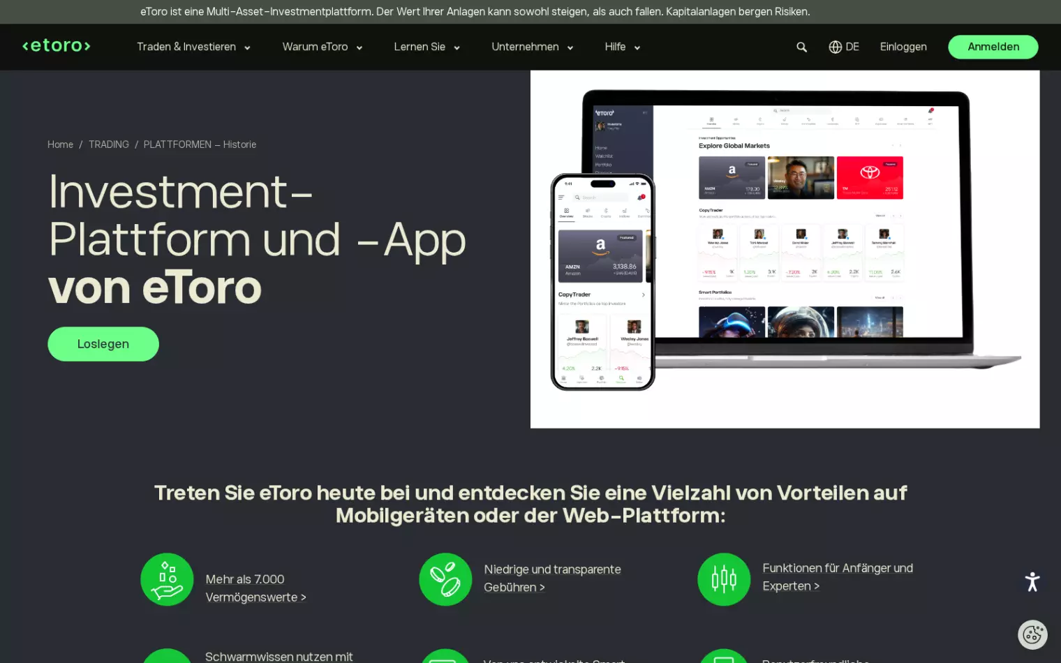 Die eToro Investment-Plattform und App – Web- und Mobil-Handelsoberfläche mit Charts und Portfolio Die eToro Investment-Plattform und App – Web- und Mobil-Handelsoberfläche mit Charts und Portfolio