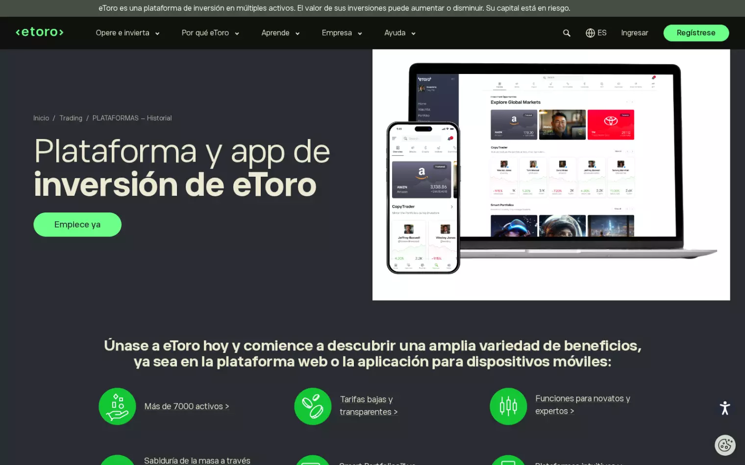 Plataforma de inversión y app de eToro – interfaz web y móvil con gráficos y cartera