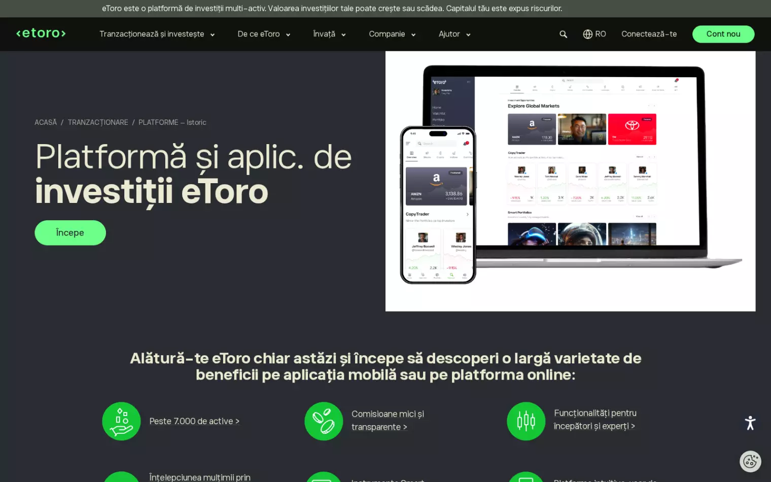 Platforma de investiții și aplicația eToro – interfață web și mobilă cu grafice și portofoliu Platforma de investiții și aplicația eToro – interfață web și mobilă cu grafice și portofoliu