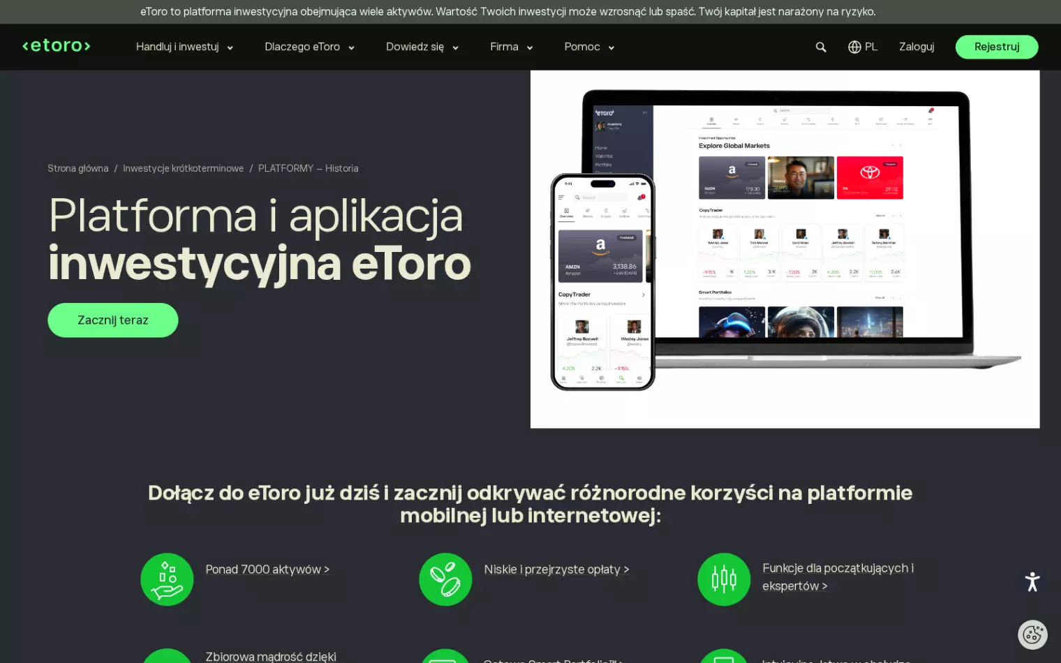 Platforma inwestycyjna i aplikacja eToro – interfejs web i mobilny z wykresami i portfelem Platforma inwestycyjna i aplikacja eToro – interfejs web i mobilny z wykresami i portfelem