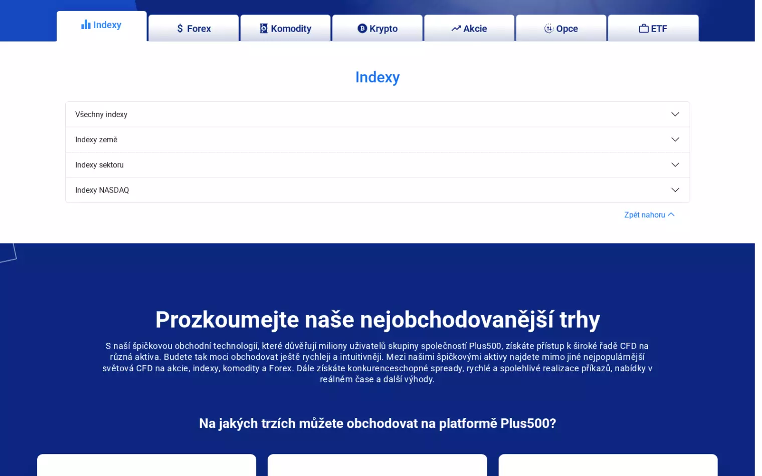 Nabídka obchodních instrumentů Plus500 – CFD na akcie, indexy, komodity, forex, krypto a ETF