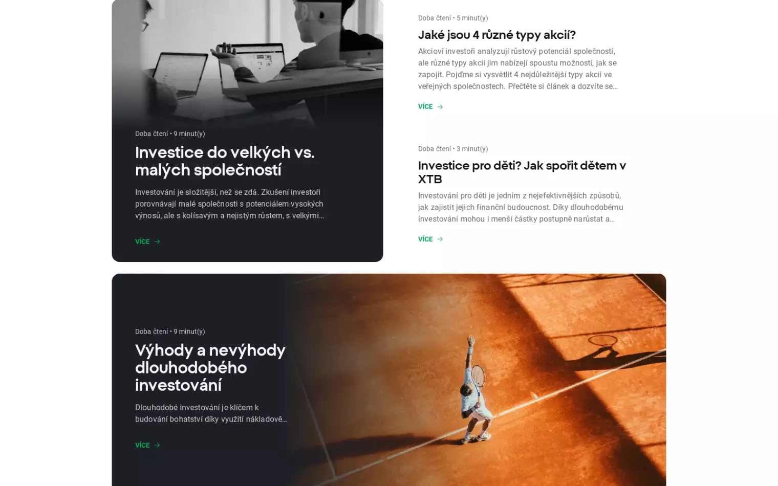 XTB vzdělávání – karty kurzů a článků o obchodování a investování