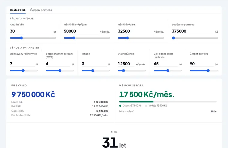 FIRE kalkulačka — finanční nezávislost