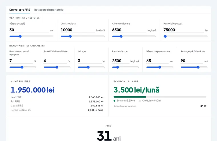 Calculator FIRE — independență financiară
