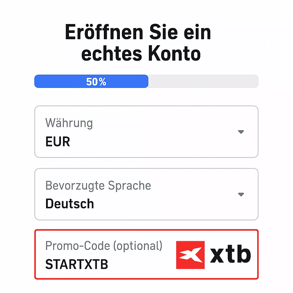 XTB Registrierungsformular mit dem Feld für den Empfehlungscode STARTXTB