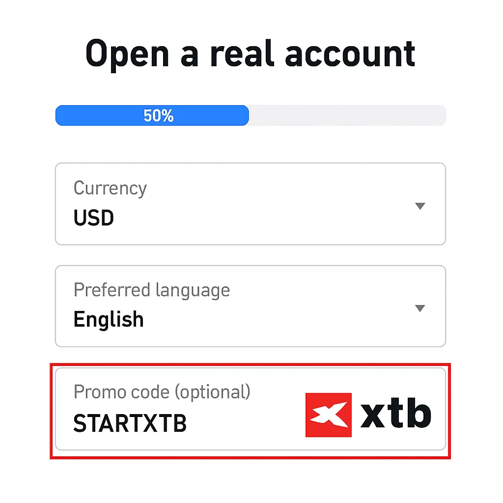 XTB regisztráció – promóciós kód mező