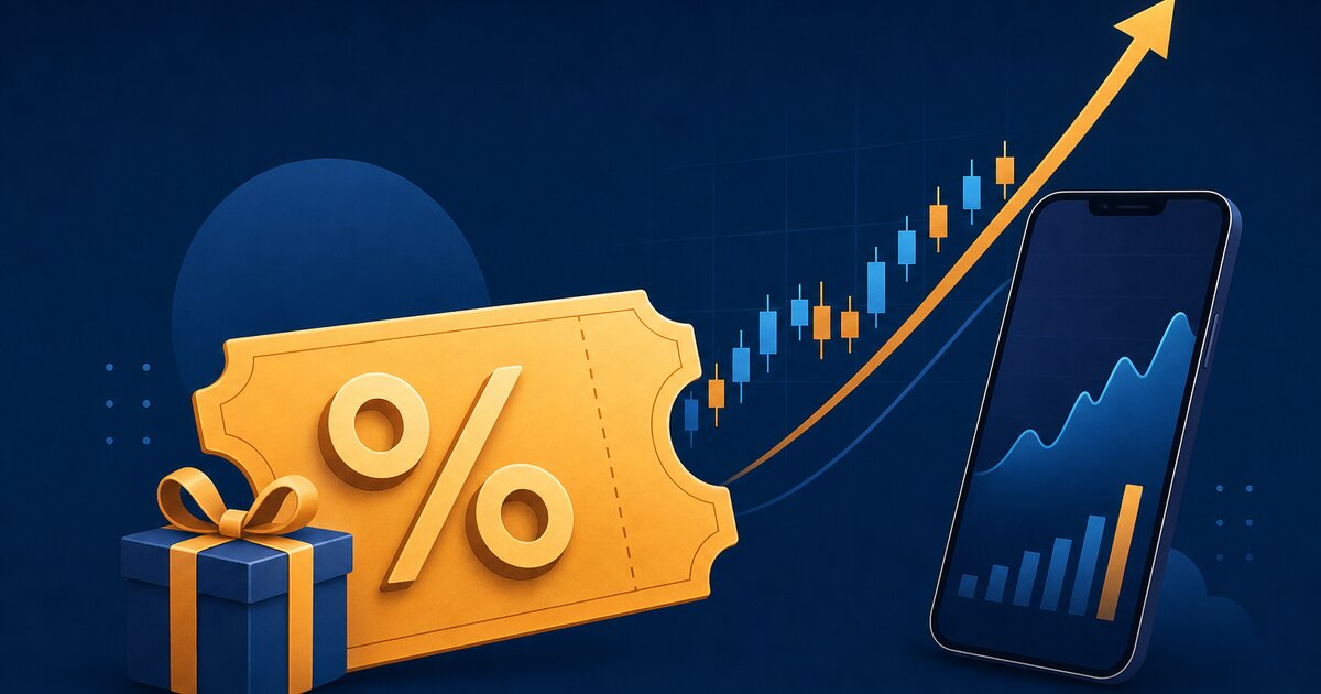 Promo kód u eToro — poukaz s procentem a rostoucí graf, redakční ilustrace