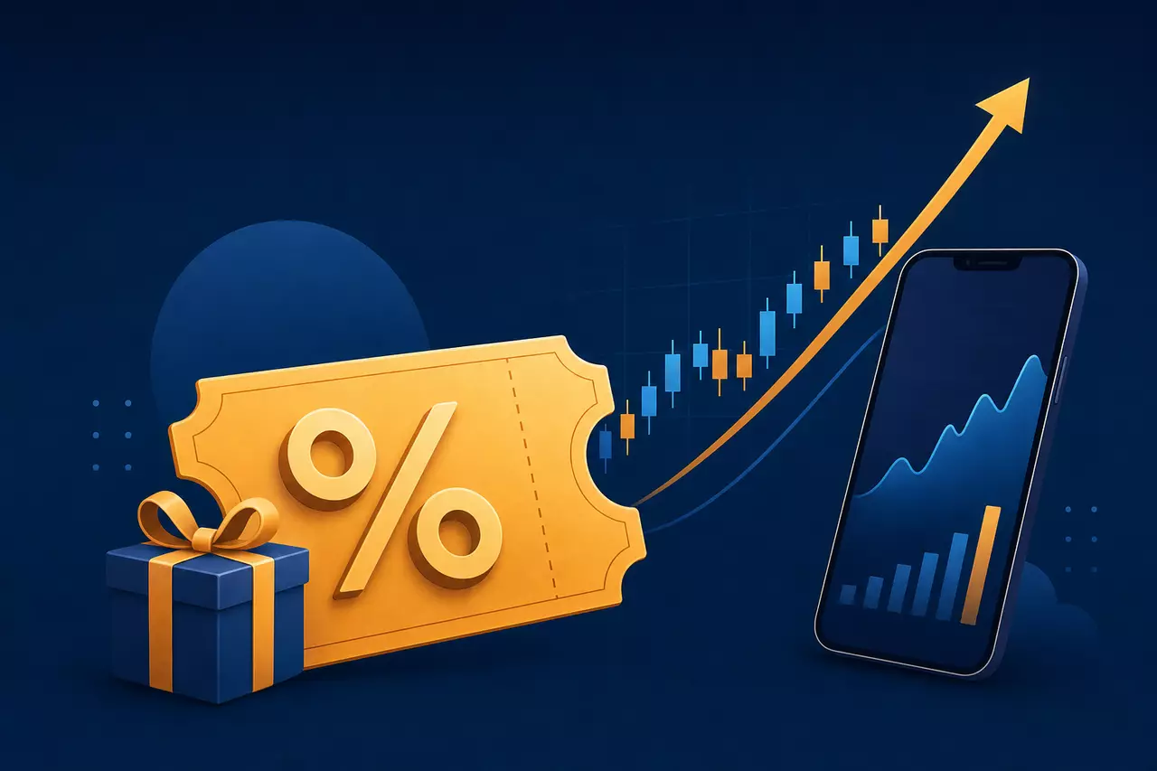 Promo kód u eToro — poukaz s procentem a rostoucí graf, redakční ilustrace