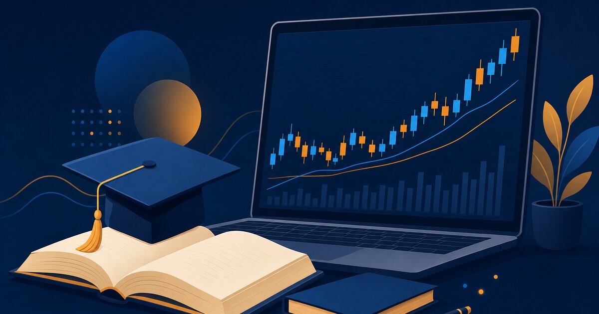 Trading kurz zdarma — kniha, promoce a svíčkový graf, redakční ilustrace
