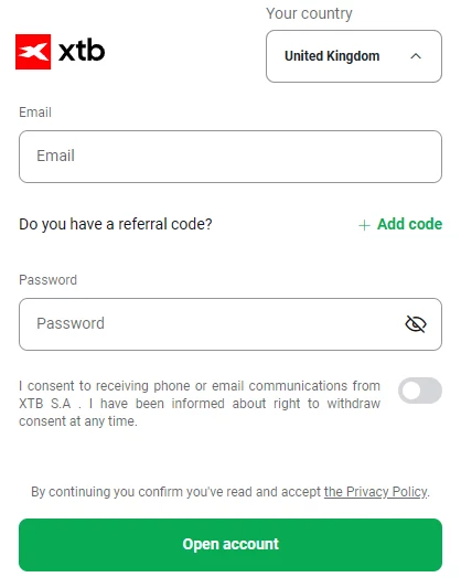 XTB UK account sign-up form (country United Kingdom) showing the line “Do you have a referral code?” with the green “+ Add code” link
