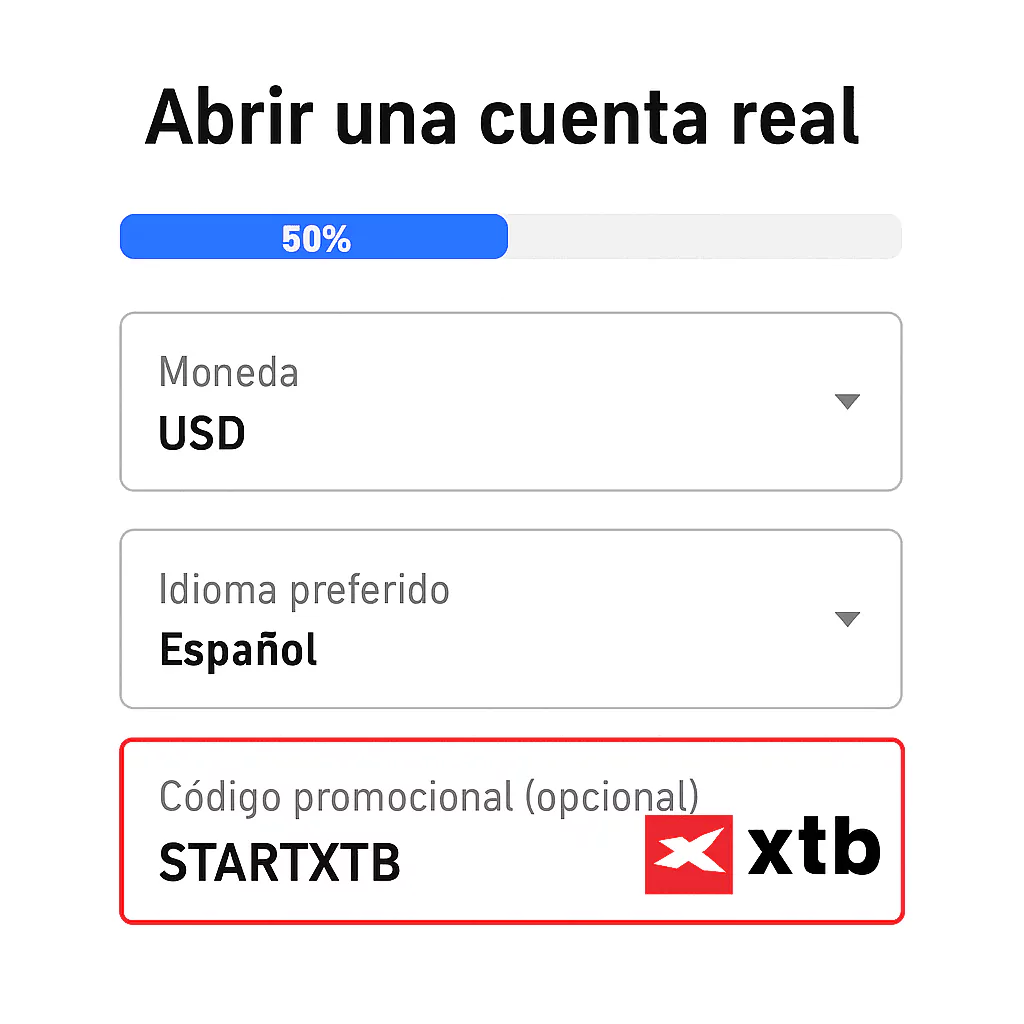 Formulario de apertura de cuenta real de XTB con el código promocional STARTXTB ingresado en el campo «Código promocional (opcional)»
