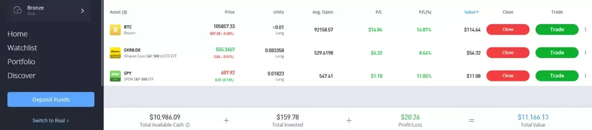Cartera virtual en eToro: posiciones, saldo en dólares y botón para volver a la cuenta real