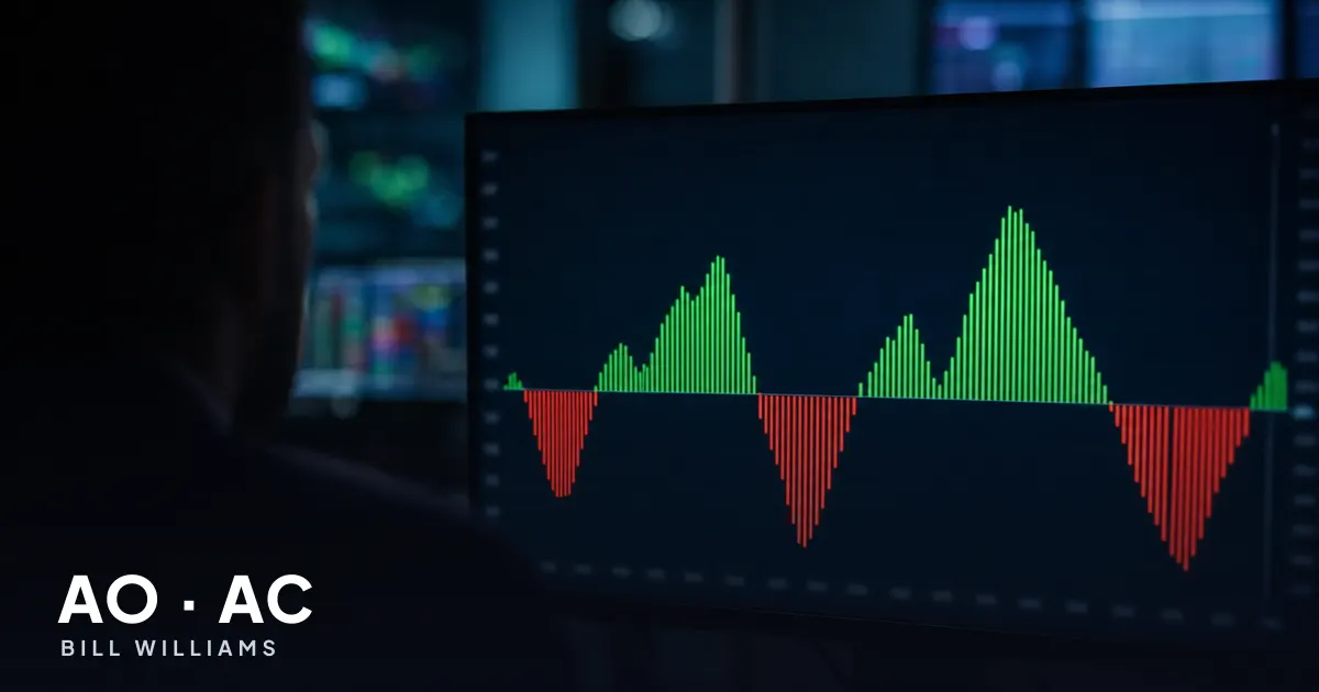 Trader at a monitor reading a histogram of green and red bars
