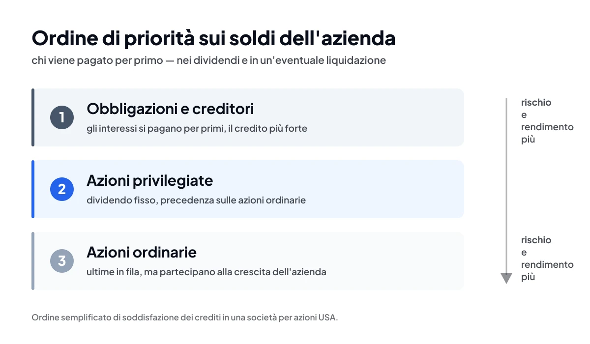 Ordine di priorità sui soldi dell'azienda – obbligazioni, azioni privilegiate, azioni ordinarie