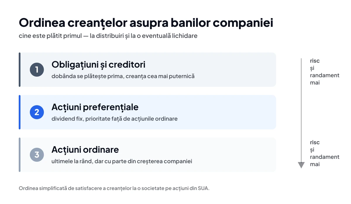 Ordinea creanțelor asupra banilor companiei – obligațiuni, acțiuni preferențiale, acțiuni ordinare