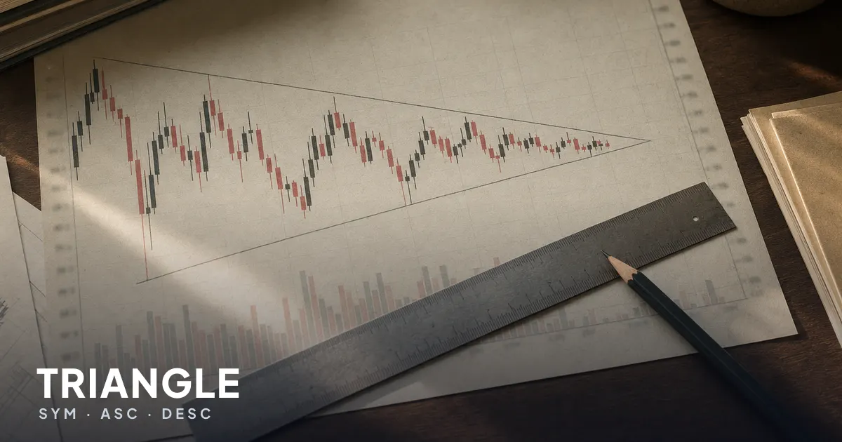 Printed price analysis on a desk with a triangle drawn on it, a ruler and a pencil beside it
