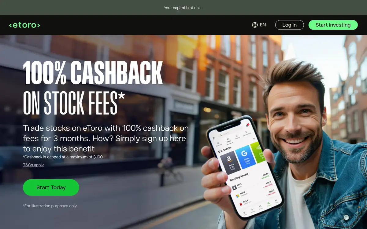 eToro landing page for the stock fee cashback offer