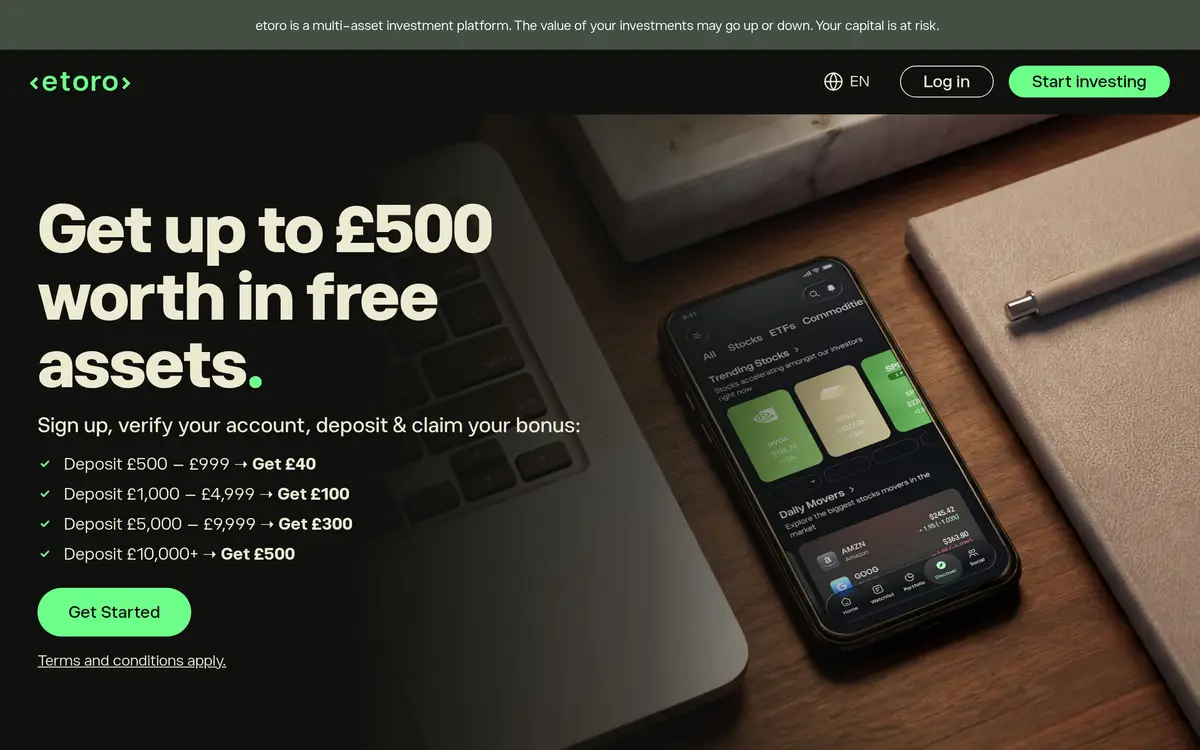 eToro UK landing page for the free share offer