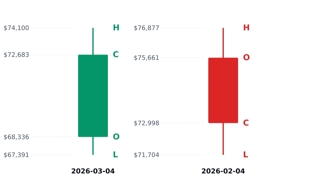 Dos velas diarias reales de BTC/USD con los precios O, H, L, C señalados