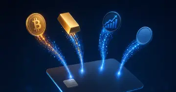 Tarjeta de pago hacia la que fluyen recompensas: moneda bitcoin, lingote de oro, gráfico bursátil y stablecoin