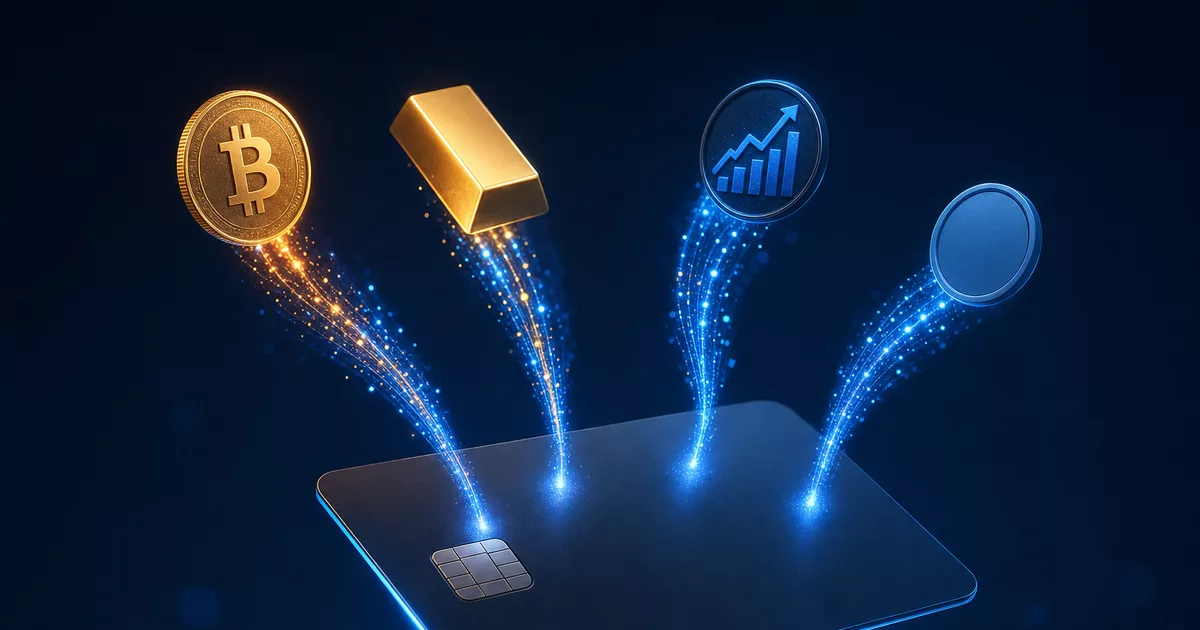 Tarjeta de pago hacia la que fluyen recompensas: moneda bitcoin, lingote de oro, gráfico bursátil y stablecoin