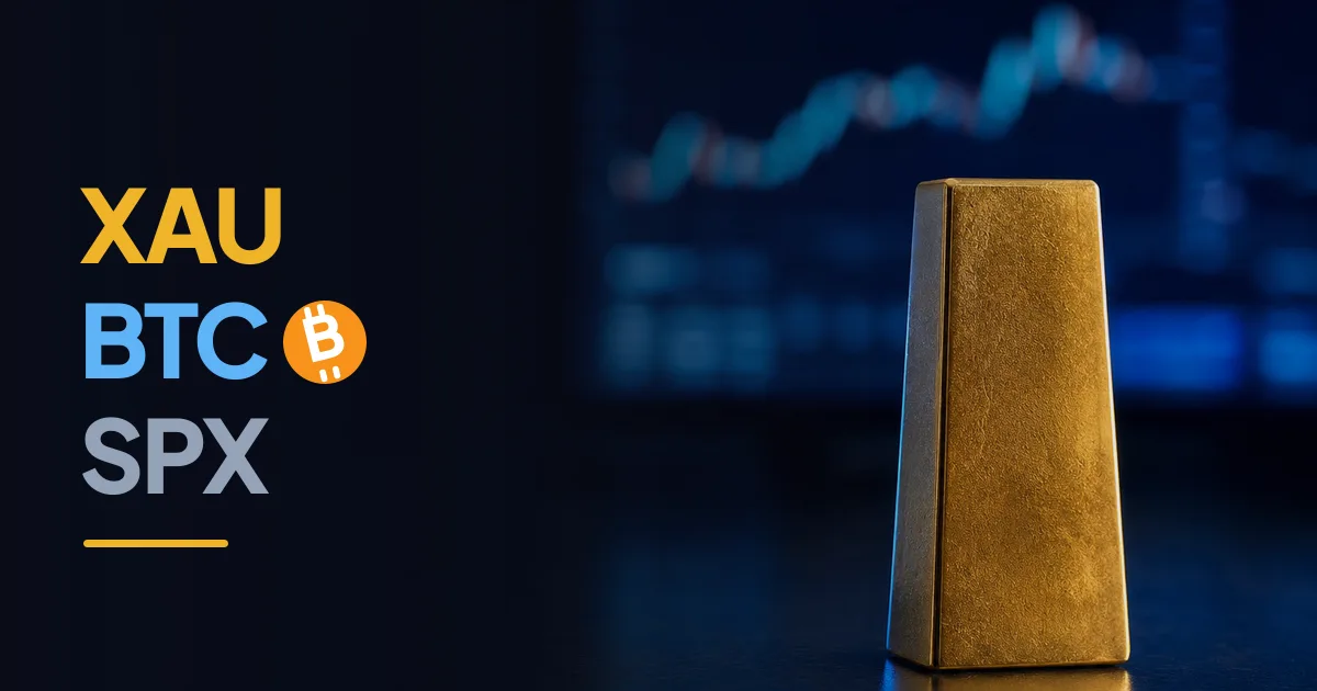 Gold, bitcoin and the S&P 500 over five years, all rebased to a common starting point