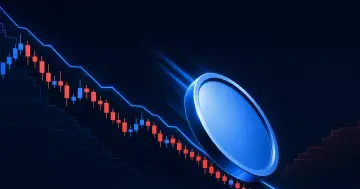 Stylized coin token slipping down a declining candlestick chart, illustrating the Coinbase Q2 2026 loss