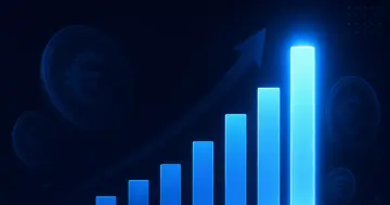Grafico a barre in crescita su sfondo blu scuro che rappresenta la raccolta record mensile di FinecoBank