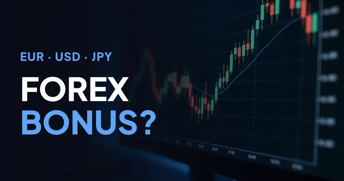 Kerzenchart eines Waehrungspaares auf einem Monitor, darueber der Schriftzug FOREX BONUS?