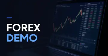 Candlestick chart of a currency pair on a monitor with the caption FOREX DEMO