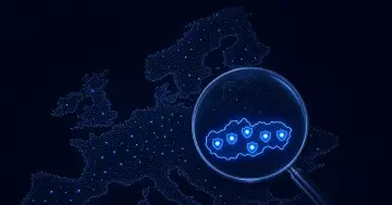 Mapa EÚ z bodov so šiestimi zvýraznenými uzlami na Slovensku, symbol licencovaných poskytovateľov kryptoaktív pod dohľadom