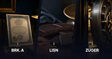 Three panels: an engraved share certificate with the ticker BRK.A, a bar of chocolate with the ticker LISN and the door of a bank vault marked ZUGER