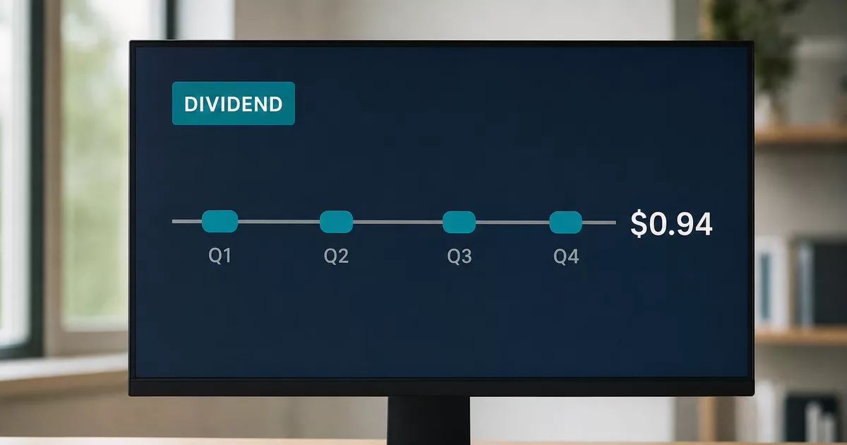 Monitor mit einer Zeitachse aus vier Quartalsdividenden und dem Betrag 0,94 Dollar
