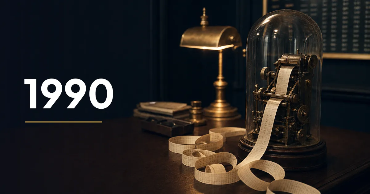 Storico ticker di borsa su nastro di carta sotto una campana di vetro e l’anno 1990
