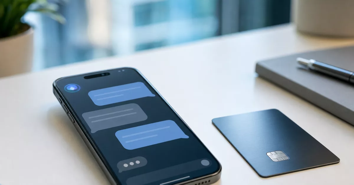 Telefon s AI chatovací aplikací vedle platební karty na stole