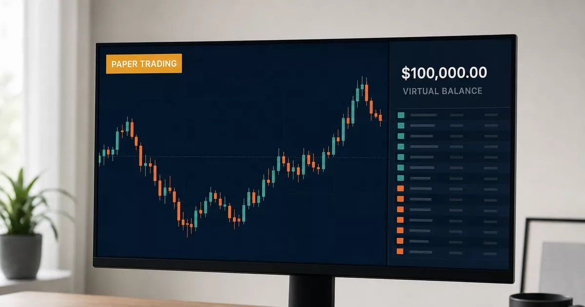 Monitor con un gráfico y la marca PAPER TRADING, saldo virtual de 100 000 USD