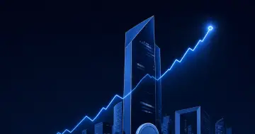 Illustration éditoriale : tour bancaire du quartier de La Défense avec courbe boursière en forte hausse, évoquant les résultats record de la Société Générale