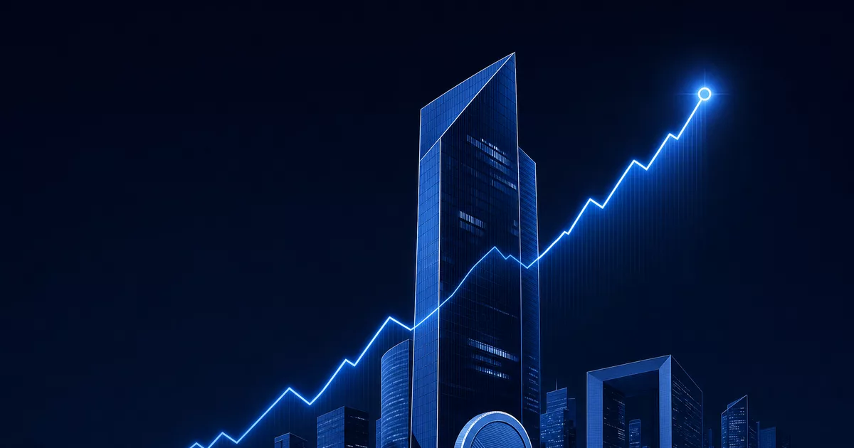 Illustration éditoriale : tour bancaire du quartier de La Défense avec courbe boursière en forte hausse, évoquant les résultats record de la Société Générale