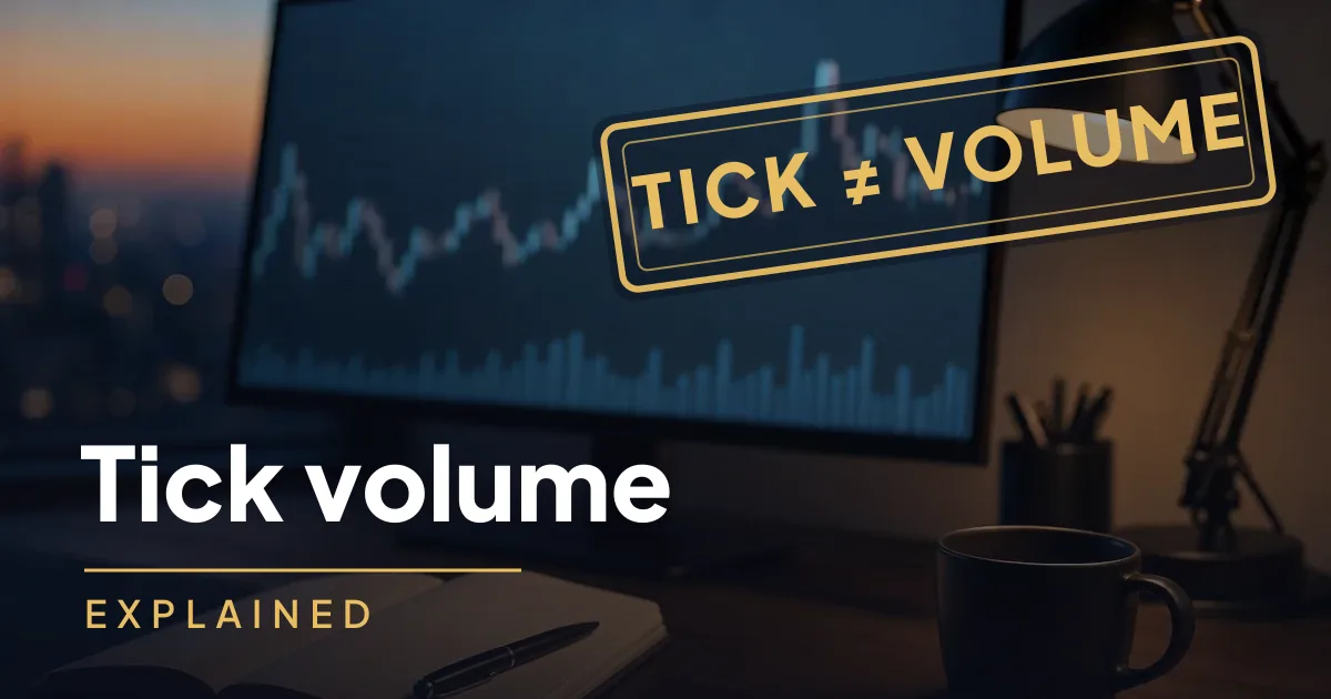 Monitor showing a price chart with volume bars on a trading desk