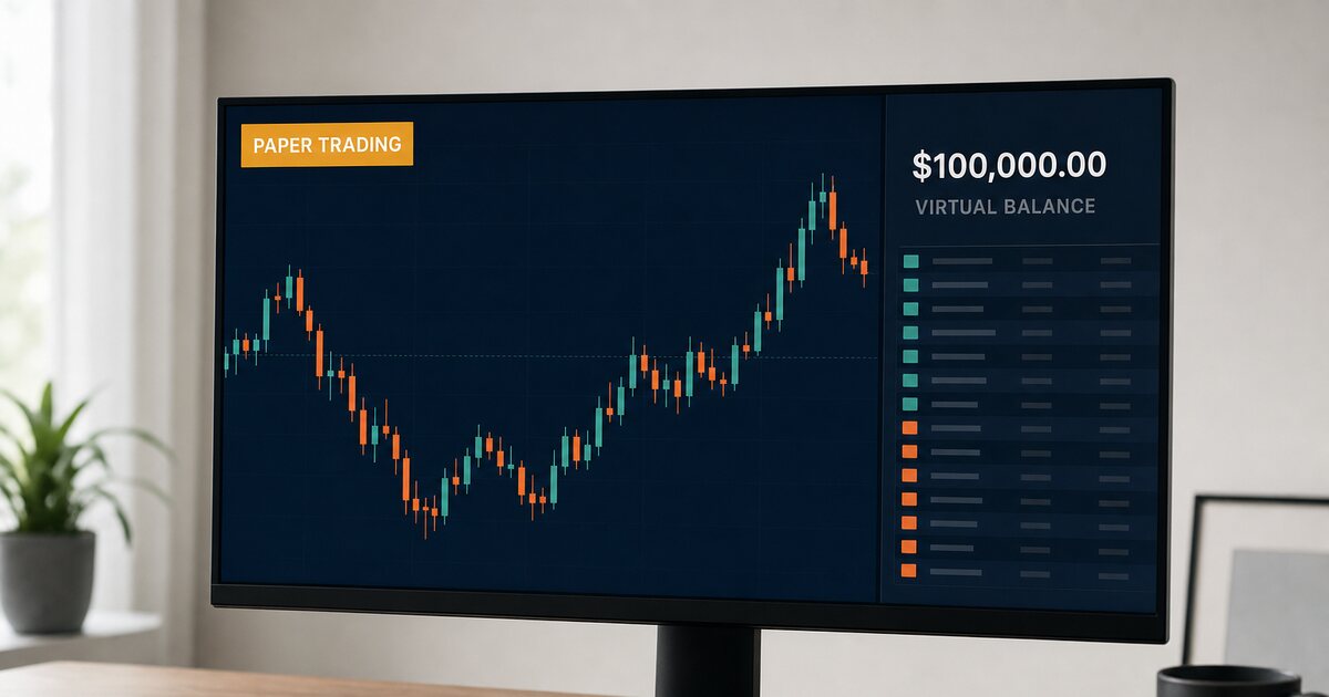 Plataforma de trading en modo paper trading con saldo virtual de 100 000 USD