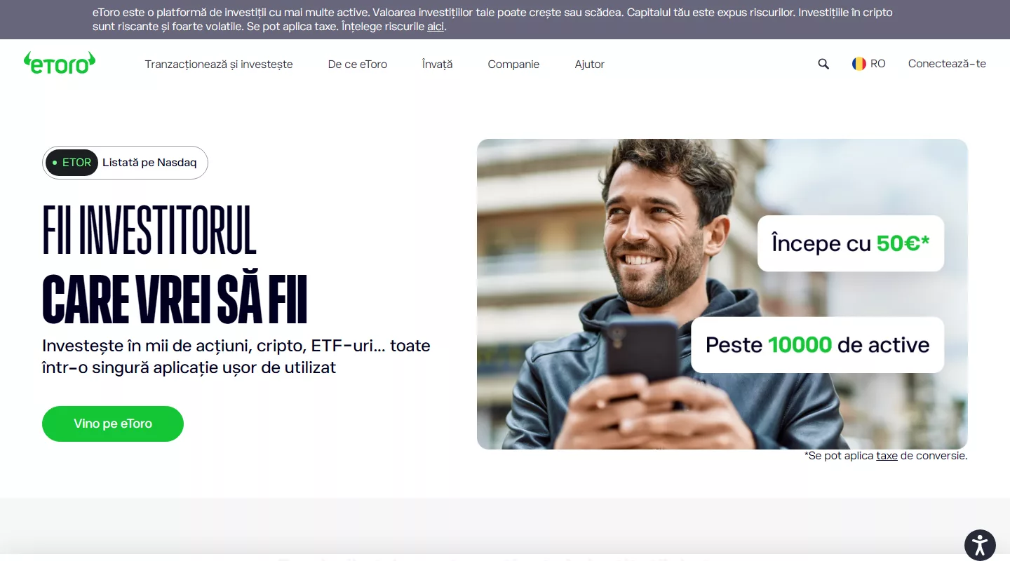 Platforma eToro în limba română — acțiuni, criptomonede și ETF-uri într-o singură aplicație