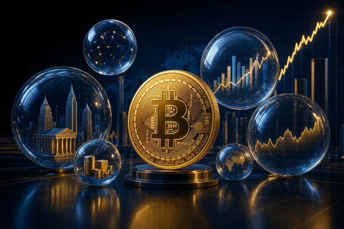 Brokeri pentru ETF-uri Bitcoin — monedă bitcoin aurie și sfere de fonduri de investiții, ilustrație editorială