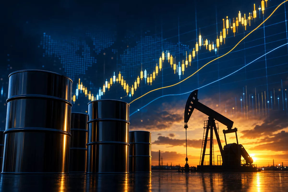Brokeri pentru tranzacționarea petrolului — barili de petrol și grafic de preț, ilustrație editorială