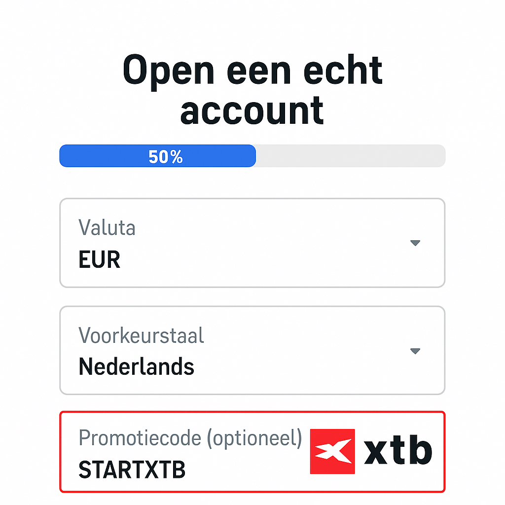 Voorbeeld van XTB promotiecode invoer