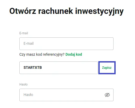 Formularz rejestracyjny XTB – krok 2: wpisany kod STARTXTB i przycisk Save