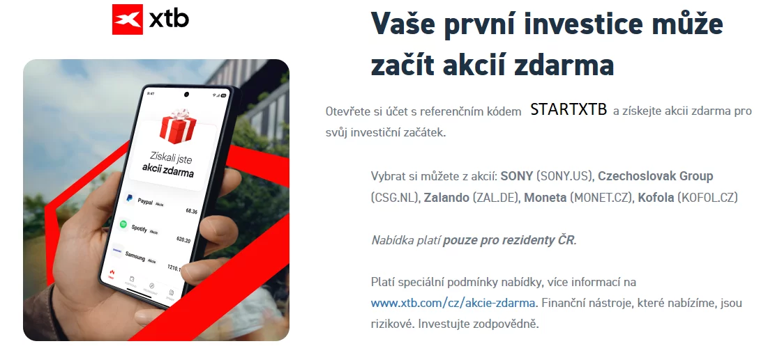 XTB referenční kód STARTXTB pro akcii zdarma — výběr z 5 akcií: Sony, CSG, Zalando, Moneta a Kofola