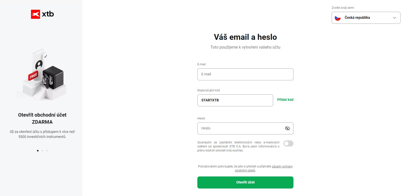 XTB registrační formulář na desktopu s vyplněným referenčním kódem STARTXTB